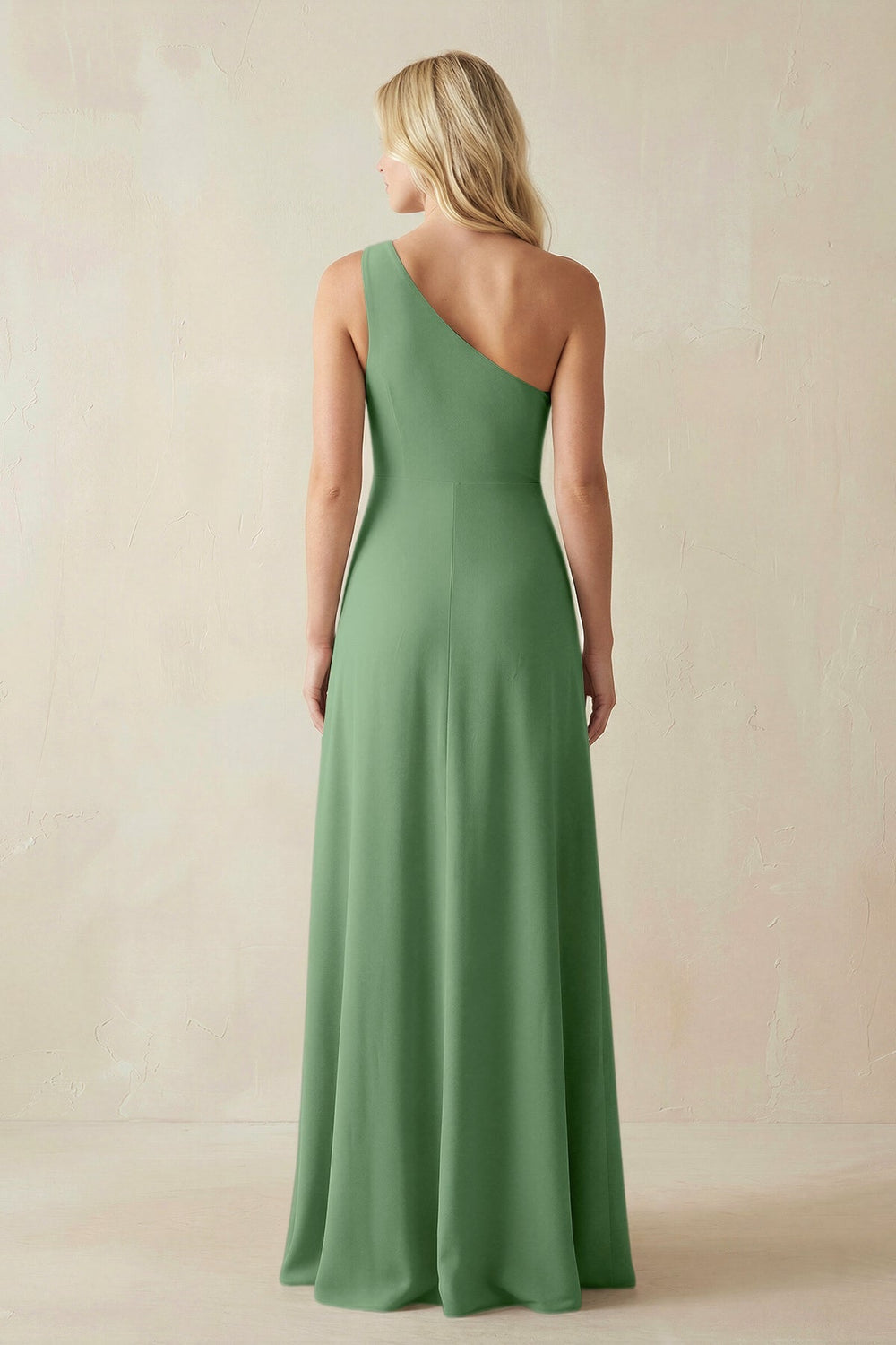 One - Shoulder Sheath Satin Bridesmaid Dress With Slit in Matcha - SHE IS ME Bridesmaid Dresses