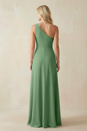 One - Shoulder Sheath Satin Bridesmaid Dress With Slit in Matcha - SHE IS ME Bridesmaid Dresses