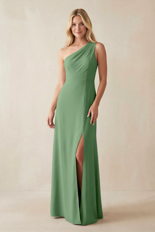 One - Shoulder Sheath Satin Bridesmaid Dress With Slit in Matcha - SHE IS ME Bridesmaid Dresses