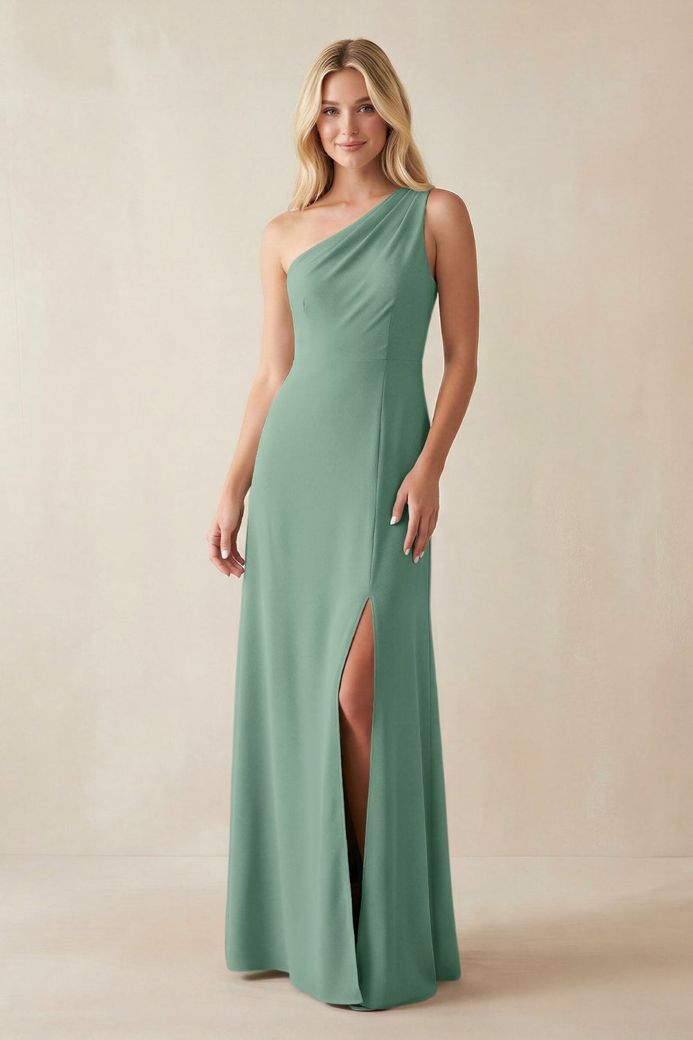 One - Shoulder Sheath Satin Bridesmaid Dress With Slit in Mint Green - KISS BRIDAL Bridesmaid Dresses