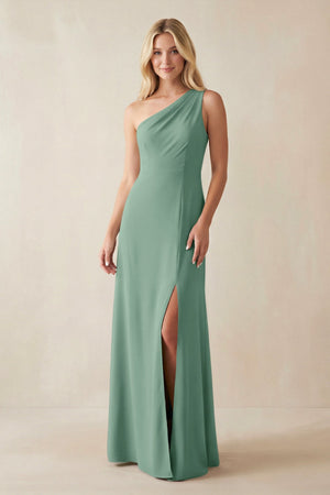 One - Shoulder Sheath Satin Bridesmaid Dress With Slit in Mint Green - KISS BRIDAL Bridesmaid Dresses