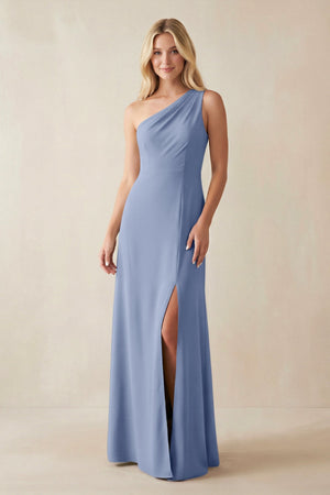 One - Shoulder Sheath Satin Bridesmaid Dress With Slit in Mist - SHE IS ME Bridesmaid Dresses