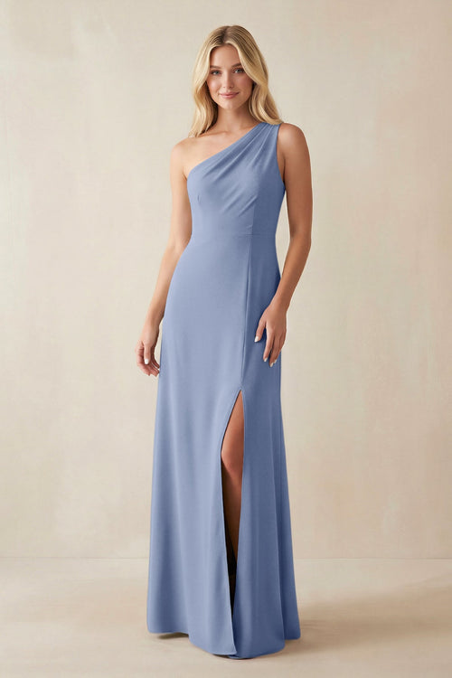 One - Shoulder Sheath Satin Bridesmaid Dress With Slit in Mist - SHE IS ME Bridesmaid Dresses