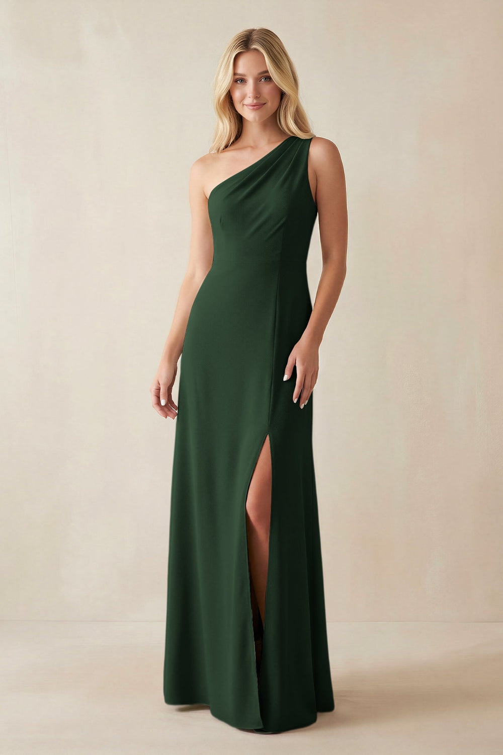One - Shoulder Sheath Satin Bridesmaid Dress With Slit in Moss - SHE IS ME Bridesmaid Dresses