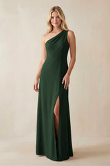 One - Shoulder Sheath Satin Bridesmaid Dress With Slit in Moss - KISS BRIDAL Bridesmaid Dresses