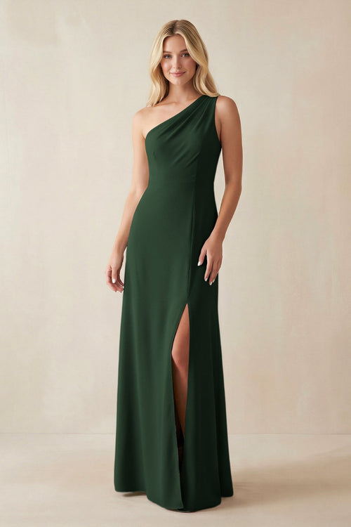 One - Shoulder Sheath Satin Bridesmaid Dress With Slit in Moss - SHE IS ME Bridesmaid Dresses