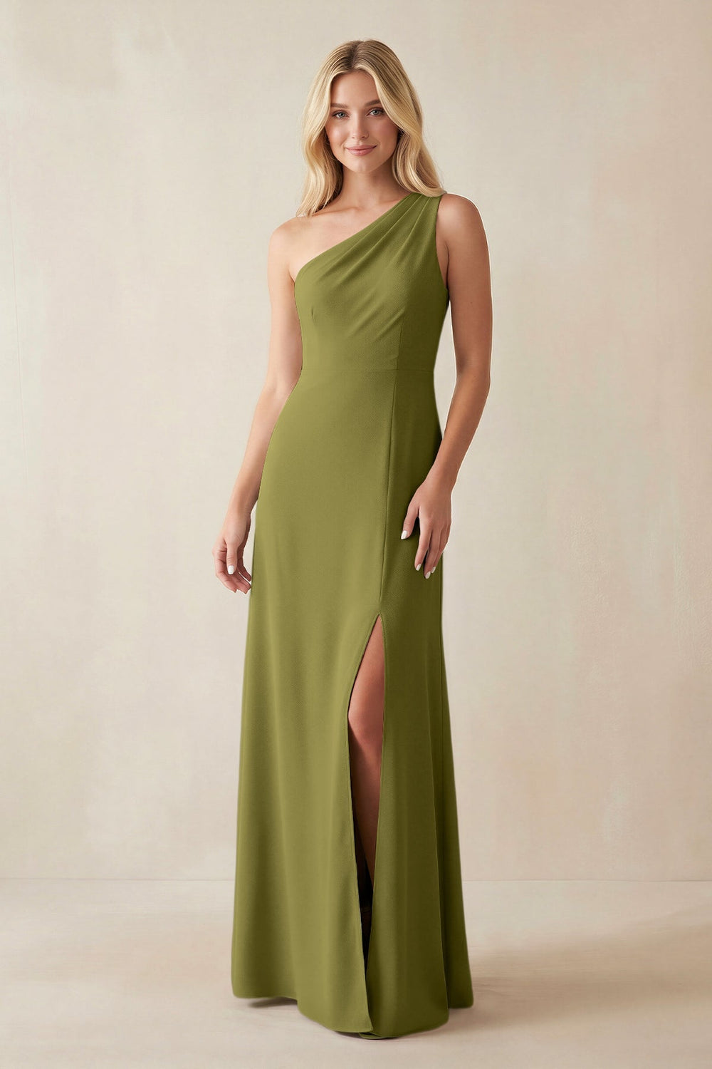 One - Shoulder Sheath Satin Bridesmaid Dress With Slit in Moss Green - SHE IS ME Bridesmaid Dresses
