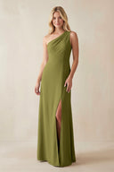 One - Shoulder Sheath Satin Bridesmaid Dress With Slit in Moss Green - KISS BRIDAL Bridesmaid Dresses