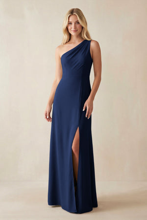 One - Shoulder Sheath Satin Bridesmaid Dress With Slit in Navy - KISS BRIDAL Bridesmaid Dresses