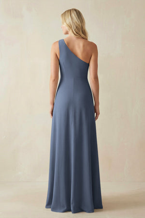 One - Shoulder Sheath Satin Bridesmaid Dress With Slit in Neptune - KISS BRIDAL Bridesmaid Dresses