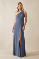 One - Shoulder Sheath Satin Bridesmaid Dress With Slit in Neptune - KISS BRIDAL Bridesmaid Dresses