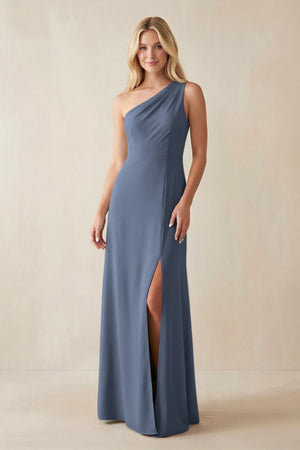 One - Shoulder Sheath Satin Bridesmaid Dress With Slit in Neptune - KISS BRIDAL Bridesmaid Dresses