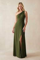 One - Shoulder Sheath Satin Bridesmaid Dress With Slit in Olive - SHE IS ME Bridesmaid Dresses