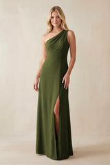 One - Shoulder Sheath Satin Bridesmaid Dress With Slit in Olive - KISS BRIDAL Bridesmaid Dresses