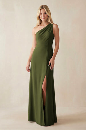 One - Shoulder Sheath Satin Bridesmaid Dress With Slit in Olive - SHE IS ME Bridesmaid Dresses