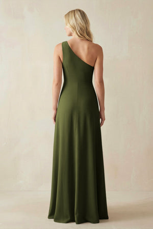 One - Shoulder Sheath Satin Bridesmaid Dress With Slit in Olive - SHE IS ME Bridesmaid Dresses