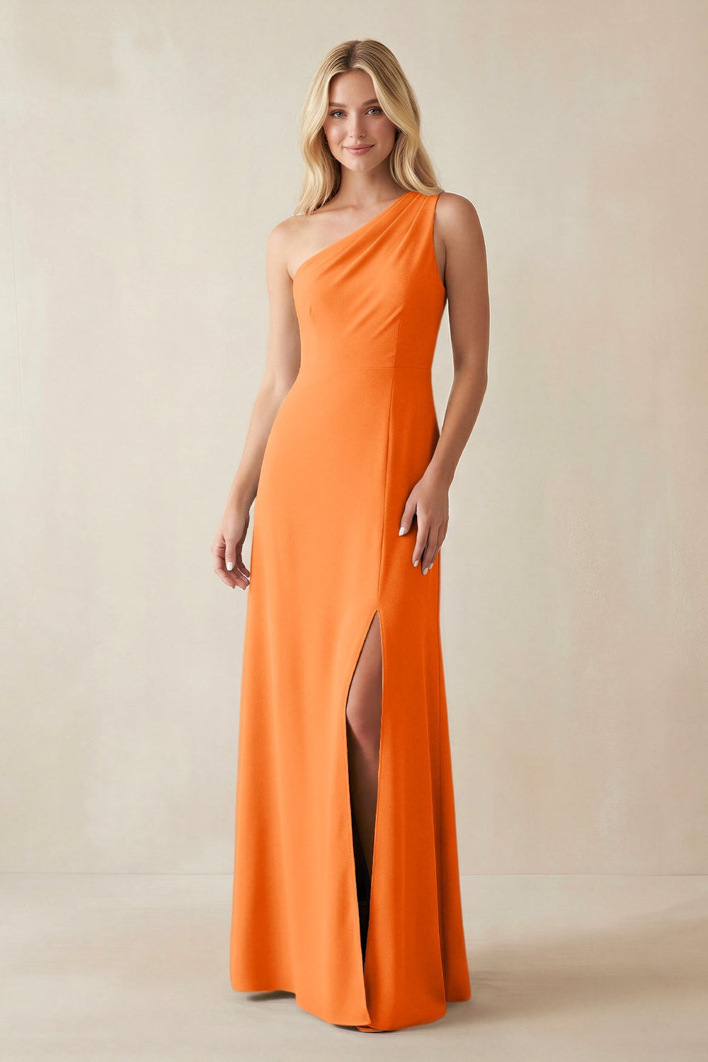 One - Shoulder Sheath Satin Bridesmaid Dress With Slit in Orange - KISS BRIDAL Bridesmaid Dresses