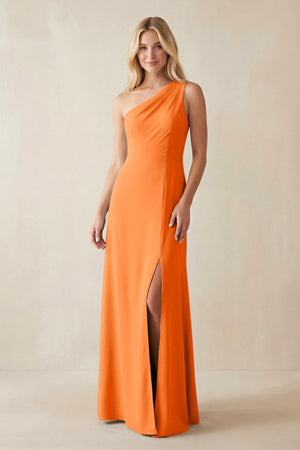One - Shoulder Sheath Satin Bridesmaid Dress With Slit in Orange - KISS BRIDAL Bridesmaid Dresses