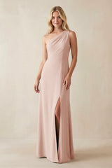One - Shoulder Sheath Satin Bridesmaid Dress With Slit in Pale Blush - KISS BRIDAL Bridesmaid Dresses