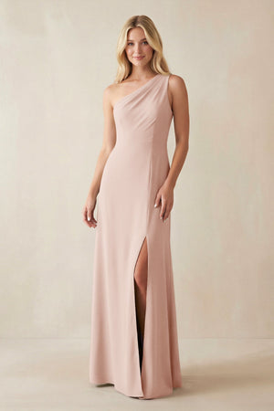 One - Shoulder Sheath Satin Bridesmaid Dress With Slit in Pale Blush - KISS BRIDAL Bridesmaid Dresses