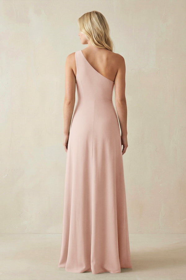One - Shoulder Sheath Satin Bridesmaid Dress With Slit in Pale Blush - KISS BRIDAL Bridesmaid Dresses