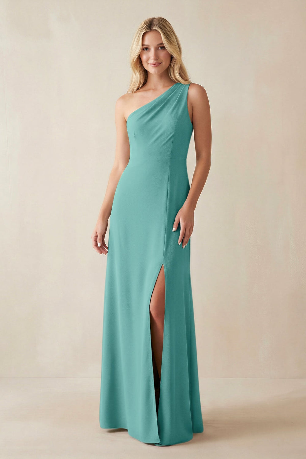 One - Shoulder Sheath Satin Bridesmaid Dress With Slit in Pale Pistachio - SHE IS ME Bridesmaid Dresses