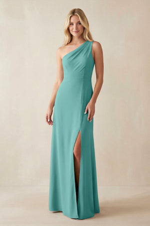 One - Shoulder Sheath Satin Bridesmaid Dress With Slit in Pale Pistachio - KISS BRIDAL Bridesmaid Dresses