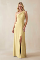 One - Shoulder Sheath Satin Bridesmaid Dress With Slit in Pastel Yellow - KISS BRIDAL Bridesmaid Dresses