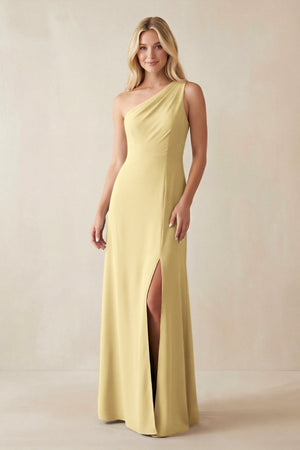 One - Shoulder Sheath Satin Bridesmaid Dress With Slit in Pastel Yellow - KISS BRIDAL Bridesmaid Dresses
