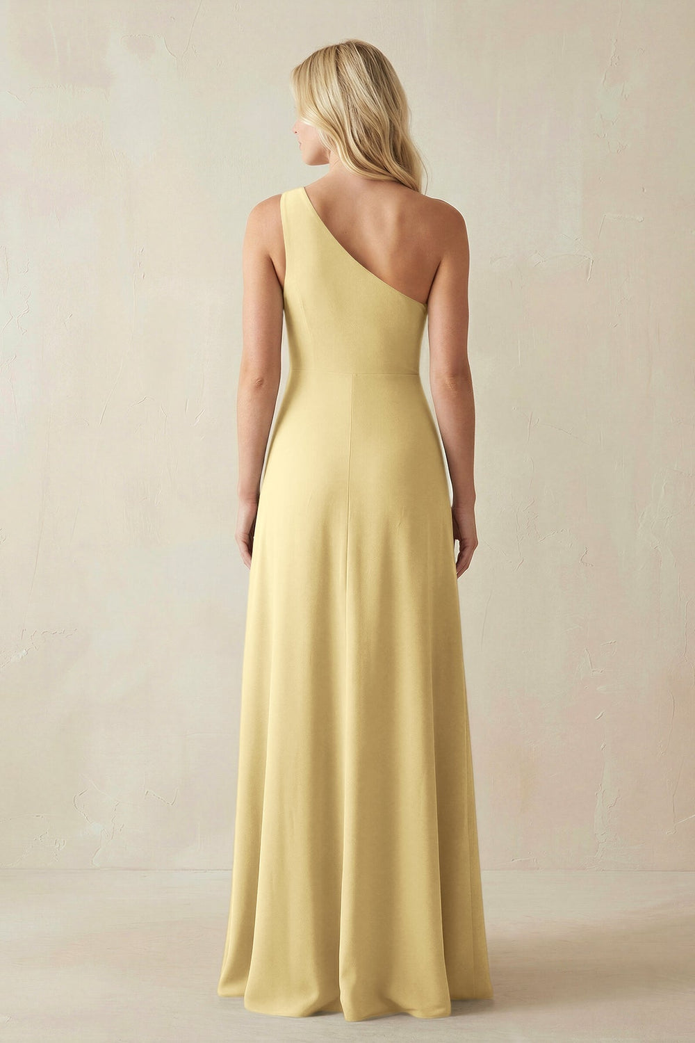 One - Shoulder Sheath Satin Bridesmaid Dress With Slit in Pastel Yellow - KISS BRIDAL Bridesmaid Dresses