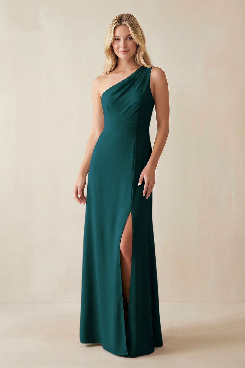 One - Shoulder Sheath Satin Bridesmaid Dress With Slit in Pine - SHE IS ME Bridesmaid Dresses