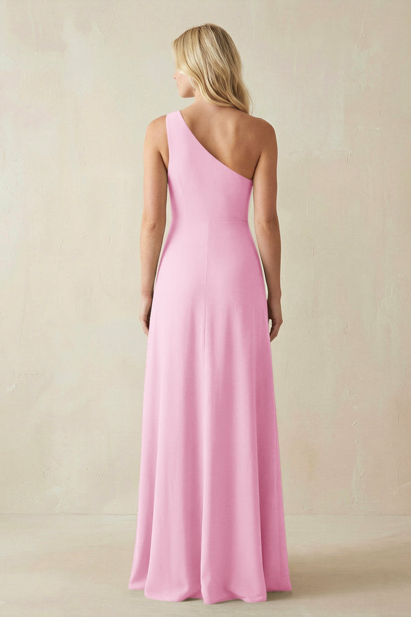One - Shoulder Sheath Satin Bridesmaid Dress With Slit in Pink - KISS BRIDAL Bridesmaid Dresses
