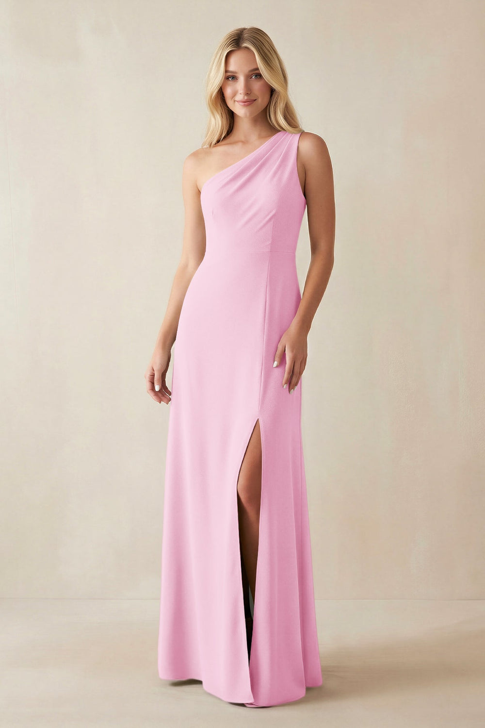 One - Shoulder Sheath Satin Bridesmaid Dress With Slit in Pink - KISS BRIDAL Bridesmaid Dresses