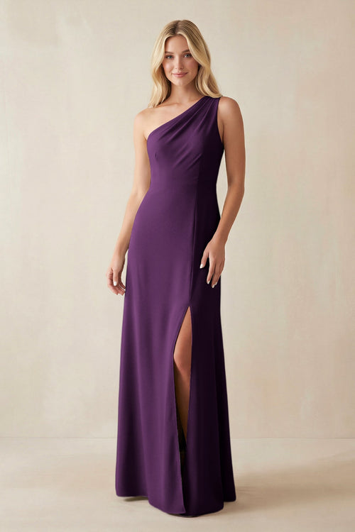 One - Shoulder Sheath Satin Bridesmaid Dress With Slit in Plum - KISS BRIDAL Bridesmaid Dresses