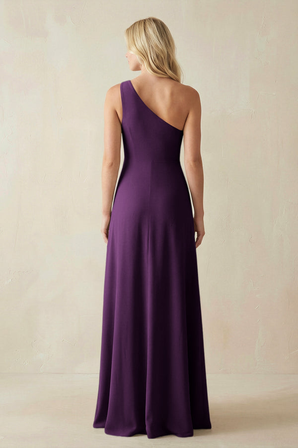 One - Shoulder Sheath Satin Bridesmaid Dress With Slit in Plum - KISS BRIDAL Bridesmaid Dresses