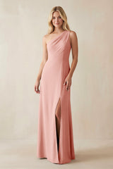 One - Shoulder Sheath Satin Bridesmaid Dress With Slit in Rose Petal - KISS BRIDAL Bridesmaid Dresses