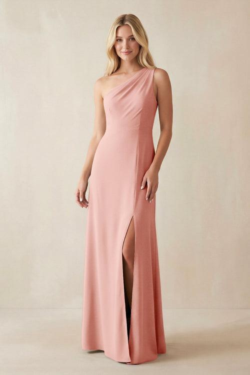 One - Shoulder Sheath Satin Bridesmaid Dress With Slit in Rose Petal - KISS BRIDAL Bridesmaid Dresses