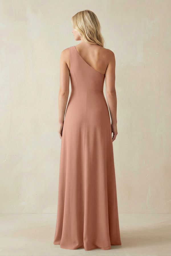 One - Shoulder Sheath Satin Bridesmaid Dress With Slit in Rosette - SHE IS ME Bridesmaid Dresses