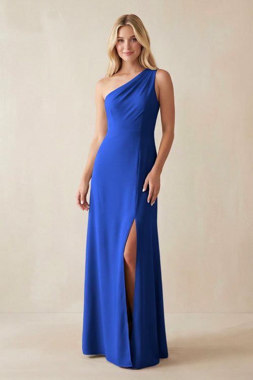 One - Shoulder Sheath Satin Bridesmaid Dress With Slit in Royal Blue - KISS BRIDAL Bridesmaid Dresses