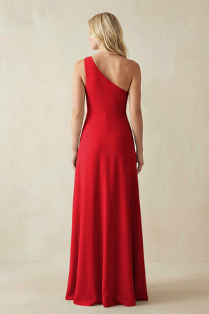 One - Shoulder Sheath Satin Bridesmaid Dress With Slit in Ruby Red - SHE IS ME Bridesmaid Dresses