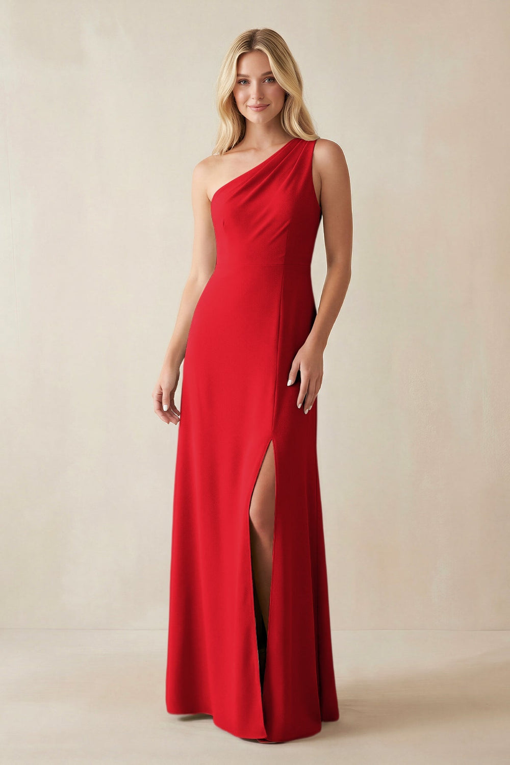 One - Shoulder Sheath Satin Bridesmaid Dress With Slit in Ruby Red - SHE IS ME Bridesmaid Dresses