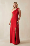 One - Shoulder Sheath Satin Bridesmaid Dress With Slit in Ruby Red - SHE IS ME Bridesmaid Dresses