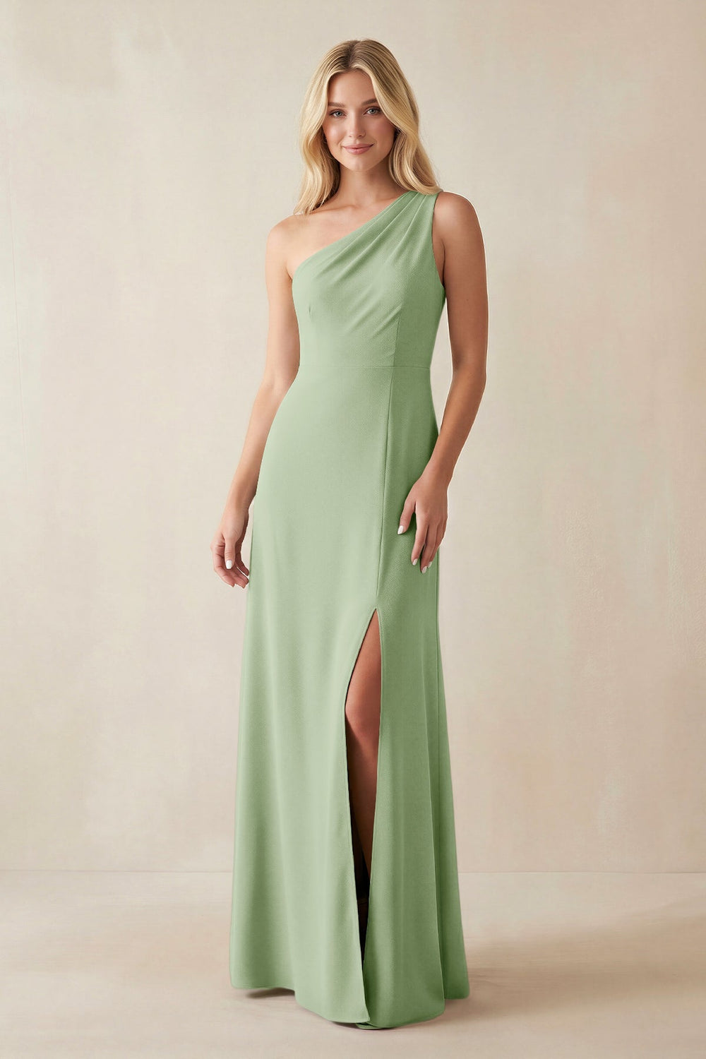 One - Shoulder Sheath Satin Bridesmaid Dress With Slit in Sage - SHE IS ME Bridesmaid Dresses