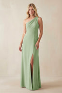 One - Shoulder Sheath Satin Bridesmaid Dress With Slit in Sage - SHE IS ME Bridesmaid Dresses