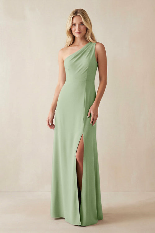 One - Shoulder Sheath Satin Bridesmaid Dress With Slit in Sage - SHE IS ME Bridesmaid Dresses
