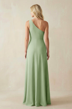 One - Shoulder Sheath Satin Bridesmaid Dress With Slit in Sage - SHE IS ME Bridesmaid Dresses