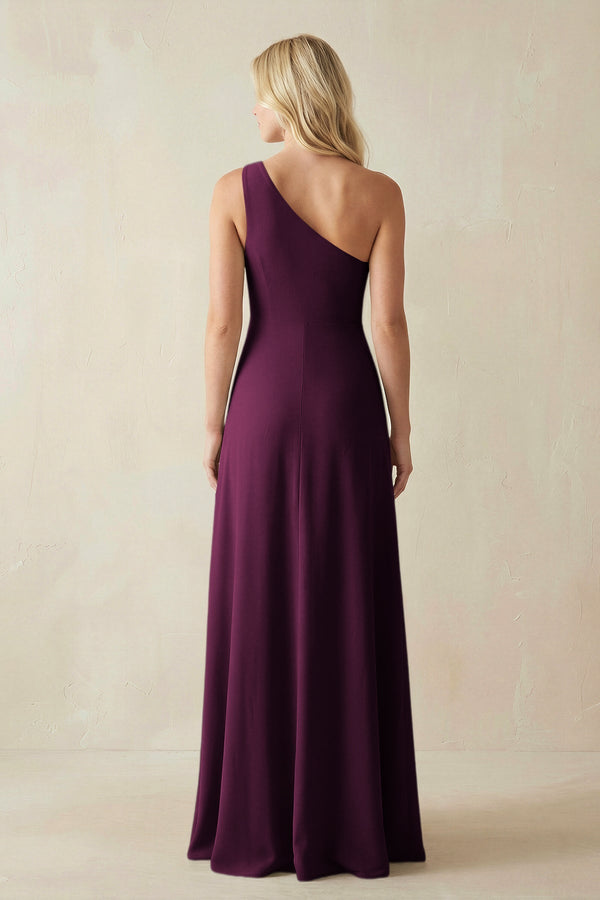 One - Shoulder Sheath Satin Bridesmaid Dress With Slit in Sangria - KISS BRIDAL Bridesmaid Dresses