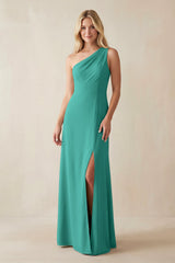 One - Shoulder Sheath Satin Bridesmaid Dress With Slit in Sea Glass - KISS BRIDAL Bridesmaid Dresses