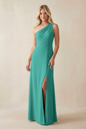 One - Shoulder Sheath Satin Bridesmaid Dress With Slit in Sea Glass - KISS BRIDAL Bridesmaid Dresses