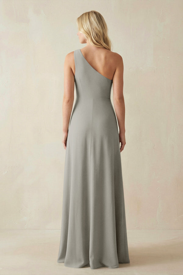 One - Shoulder Sheath Satin Bridesmaid Dress With Slit in Silver - SHE IS ME Bridesmaid Dresses